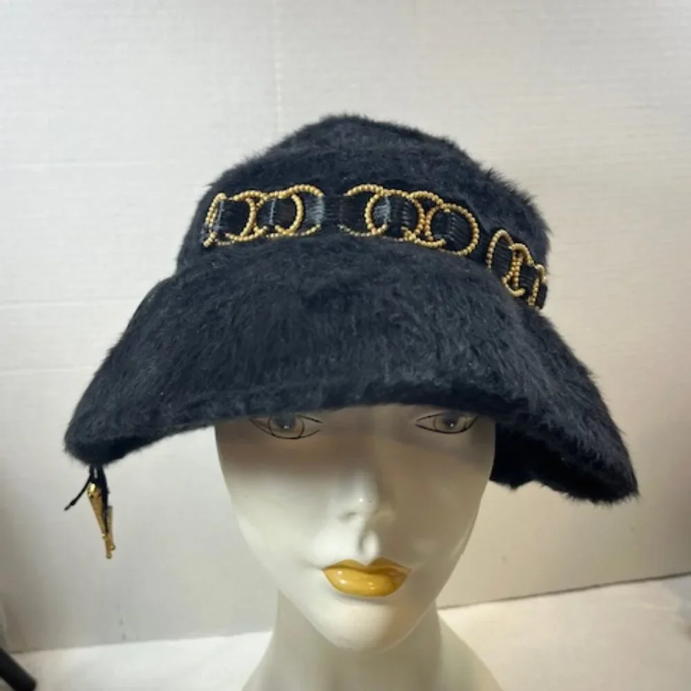 VTG Handmade Black Felt Fur Aileen's Atlanta Bucket Hat Gold Tone Accents